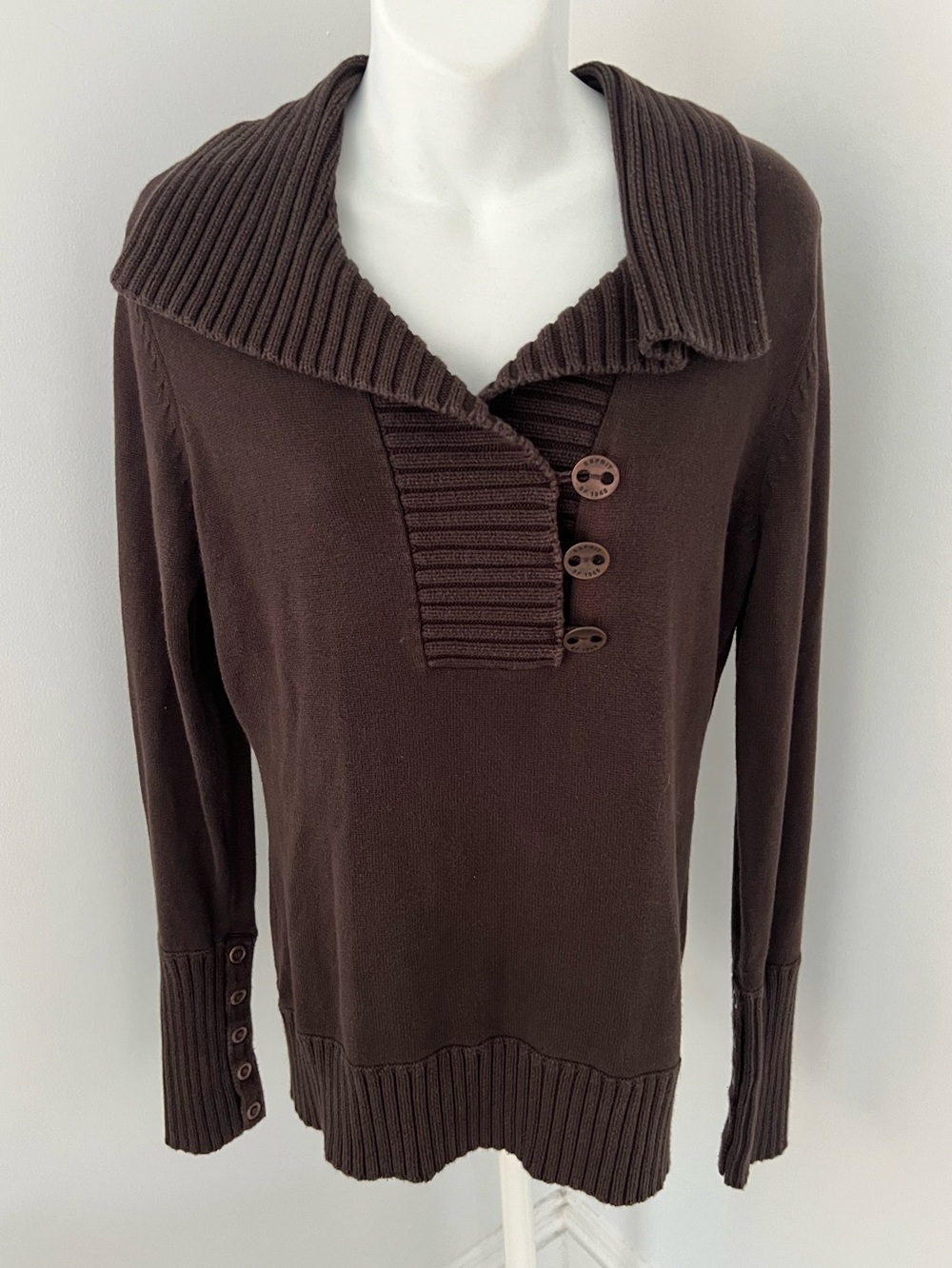 Esprit Vintage Espresso Brown Ribbed Collar Button Pullover Sz. M